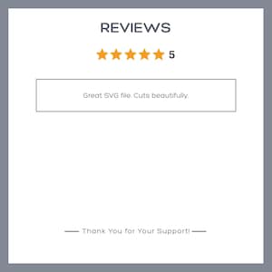 May include: Image displaying a customer review with five gold stars and the number 5. The review text reads, "Great SVG file. Cuts beautifully." The bottom of the image says, "Thank You for Your Support!"