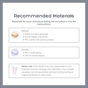 May include: An informational graphic titled Recommended Materials listing wood options including Maple and Birch plywood, TruFlat Maple and White, and thin veneer, plus acrylic options of 1/8 inch and 1/16 inch, with a disclaimer about laser cutting results.