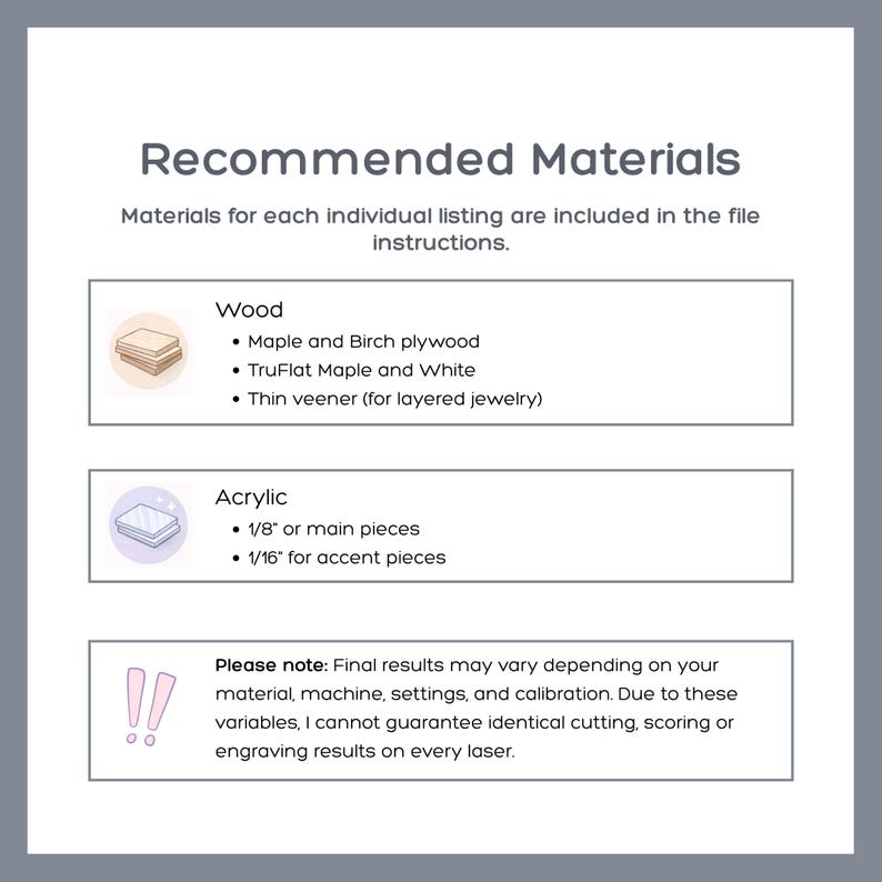 May include: An informational graphic titled Recommended Materials listing wood options including Maple and Birch plywood, TruFlat Maple and White, and thin veneer, plus acrylic options of 1/8 inch and 1/16 inch, with a disclaimer about laser cutting results.