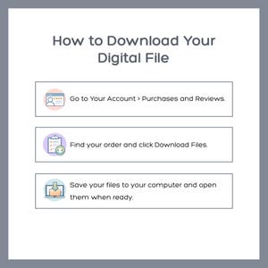 May include: A guide titled "How to Download Your Digital File" with three steps. The steps include going to your account, finding your order, and saving the files to your computer. Each step has an icon.
