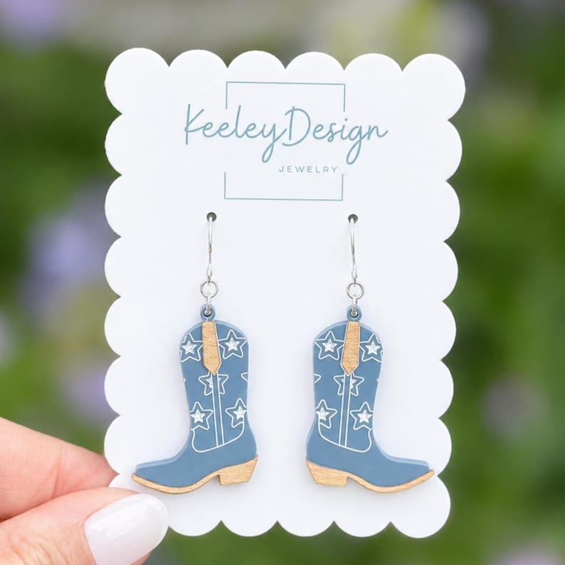 SVG Template Download Laser Cut Cowboy Boot Earring Design Glowforge Compatible File Western Style Jewelry Pattern DIY Festival Accessory Three Unique Designs Rodeo Fashion Country Craft Modern Handmade Earrings Digital Vector File Engraved