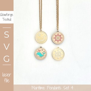 Set di 4 ciondoli SVG marittimi, collana con balena, ciondolo con timone di nave, file tagliato al laser, gioielli per le vacanze marittime, collana estiva con oceano