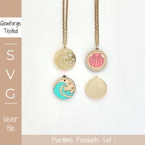 Set di ciondoli SVG marittimi, 1 collana a conchiglia con motivo a onda, ciondolo con file tagliato al laser, gioielli per le vacanze marittime, collana estiva con oceano