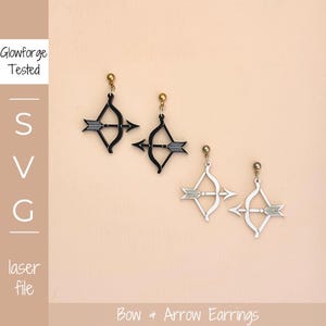 May include: Black and white bow and arrow earrings with gold-colored studs. The earrings are laser cut and feature a bow and arrow design. The image also includes the text "Glowforge Tested" and "SVG laser file". The text "Bow & Arrow Earrings" is also present.
