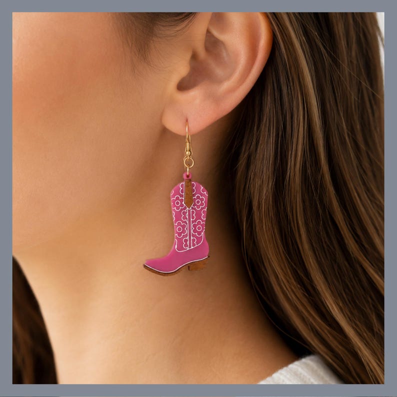DIY Jewelry Template Cowboy Boot Earring Laser Cut SVG Design Glowforge Compatible Western Style Festival Accessory Rodeo Pattern Country Craft File Three Unique Designs Digital Download Modern Fashion Handmade Gift Vector Template Engraved