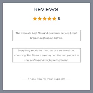May include: A customer review graphic featuring the word REVIEWS in dark gray, five orange stars, and the number 5. Two text boxes contain testimonials praising files and customer service for Korrine. The bottom text reads Thank You for Your Support.