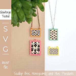 SVG-bestand | Ketting met ingelegde sint-jakobsschelp bij, honingraat en bijenkorf | 3 patronen | Lasergesneden bestand | Glowforge-getest | Cadeau | Zomer |