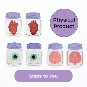 May include: Six acrylic charms shaped like glass jars with purple lids, each containing a different anatomical illustration: two red hearts, two green eyeballs with visible veins, and two pink brains. A purple circle with the text Physical Product.
