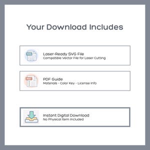 May include: A digital download information graphic with the heading Your Download Includes. It lists a Laser-Ready SVG File, a PDF Guide with materials, color key, and license info, and an Instant Digital Download notice stating no physical item is included.