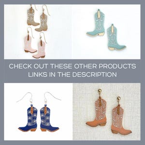 May include: A collection of four pairs of cowboy boot earrings in various colors including beige, pink, light blue, dark blue, and terracotta. Each pair features intricate white line detailing and metal hooks or studs for attachment.