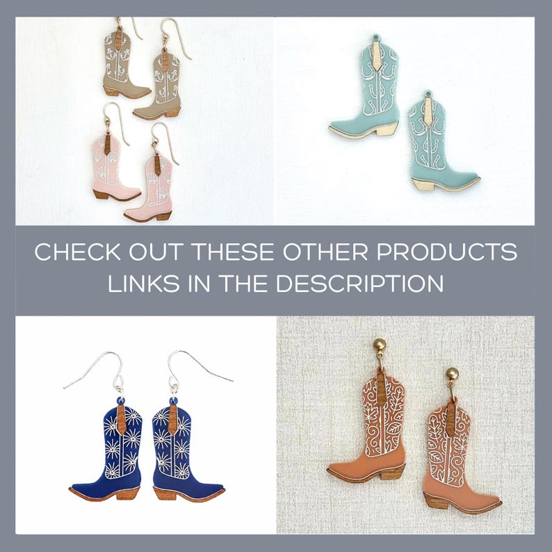 May include: A collection of four pairs of cowboy boot earrings in various colors including beige, pink, light blue, dark blue, and terracotta. Each pair features intricate white line detailing and metal hooks or studs for attachment.