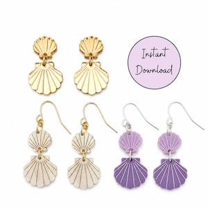 May include: A collection of seashell-shaped earrings in gold, off-white, and purple. The earrings are displayed on a white background. The image includes the text "Instant Download" in a purple circle.