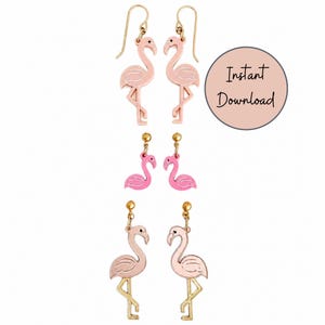 May include: Three pairs of flamingo earrings in varying shades of pink. The earrings have gold-coloured hooks and posts. One style features a light pink flamingo with gold-coloured legs. Another style is a smaller, bright pink flamingo. The text "Instant Download" is visible.