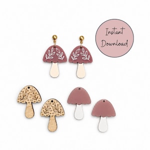 May include: A pair of mauve mushroom-shaped earrings with white leaf line art and gold-tone hardware, alongside two pairs of unpainted wooden and solid mauve mushroom-shaped pendants. A circular badge with the text Instant Download is included.