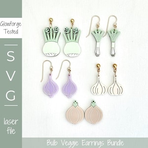 May include: A collection of laser-cut earrings in the shape of vegetables, including fennel, leeks, garlic, and onions. The earrings are in various colors, such as light green, purple, white, and tan, with gold-colored ear wires. The text "Bulb Veggie Earrings Bundle" is at the bottom.