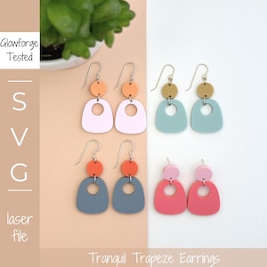 May include: Tranquil Trapeze Earrings, a set of four pairs of earrings with geometric shapes and colourful accents. Each pair features a different colour combination, including pink, blue, grey, and orange.