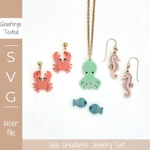 Set di gioielli con creature marine, file SVG tagliato al laser, orecchini a forma di granchio, collana a forma di polpo, cavalluccio marino, gioielli estivi, ciondolo, vita marittima, pesce, borchie