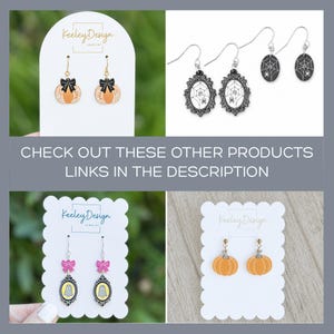 May include: A collection of four sets of earrings featuring Halloween themes including orange pumpkins with black bows, oval frames with spider webs, ghost charms with pink bows, and simple orange pumpkins, all displayed on white branded cards.