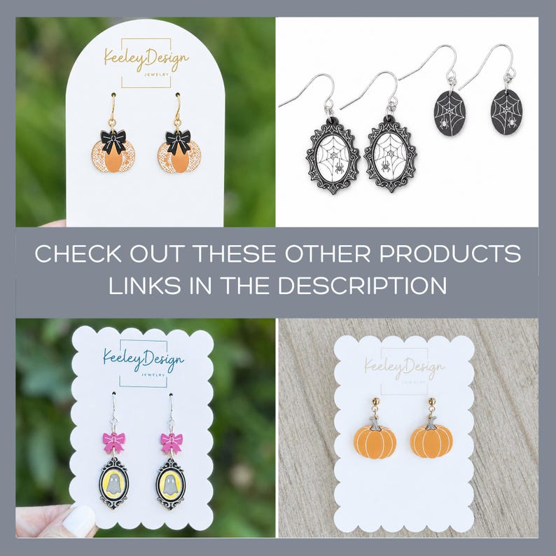 May include: A collection of four sets of earrings featuring Halloween themes including orange pumpkins with black bows, oval frames with spider webs, ghost charms with pink bows, and simple orange pumpkins, all displayed on white branded cards.