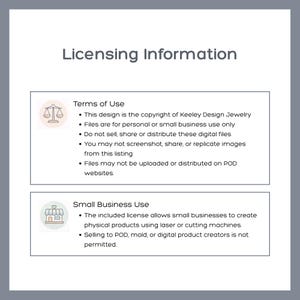 May include: A white informational graphic titled Licensing Information. It lists Terms of Use for Keeley Design Jewelry, including restrictions on file distribution and POD usage, and Small Business Use guidelines for physical product creation.