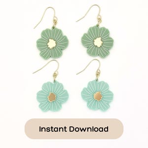 May include: Two pairs of flower-shaped dangle earrings featuring gold-tone hooks. The top pair is sage green with white etched petal lines and a gold center. The bottom pair is mint green with white etched petal lines and a gold center.