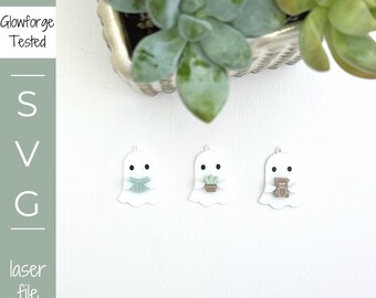 Cozy Hugging Ghost Pendants with Book, Plant & Teddy Bear SVG File: Halloween Jewelry Laser Cut File (Digital Download)
