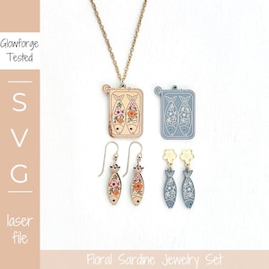 Set di gioielli floreali a forma di sardina, file SVG tagliato al laser, orecchini e collana a forma di pesce floreale, sardina in scatola, ciondolo per gioielli estivi, vita marittima, oceano