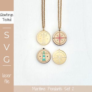 Set di 2 ciondoli SVG Martime, collana con rosa dei venti, ciondolo con motivo faro, file tagliato al laser, gioielli per le vacanze marittime, collana estiva con oceano
