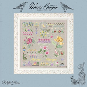 K&ouml;nnte beinhalten: Ein gerahmter Kreuzstich-Sampler mit beigefarbenem Hintergrund und bunten floralen und Vogelmotiven. Der Sampler tr&auml;gt den Titel "Marie Berger Sampler Reproduction" und enth&auml;lt den Text "Mille Fleur".
