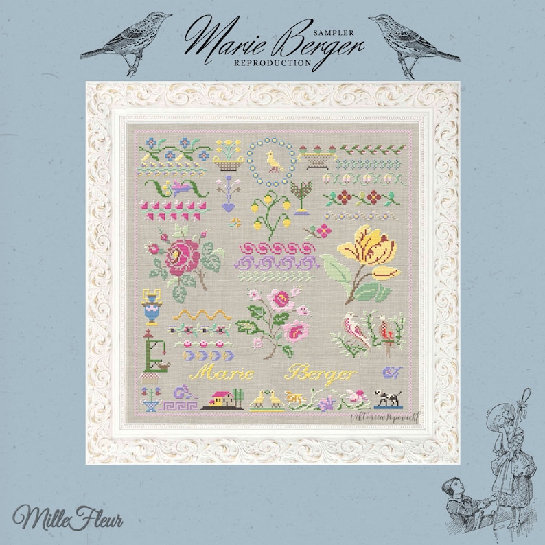 K&ouml;nnte beinhalten: Ein gerahmter Kreuzstich-Sampler mit beigefarbenem Hintergrund und bunten floralen und Vogelmotiven. Der Sampler tr&auml;gt den Titel "Marie Berger Sampler Reproduction" und enth&auml;lt den Text "Mille Fleur".