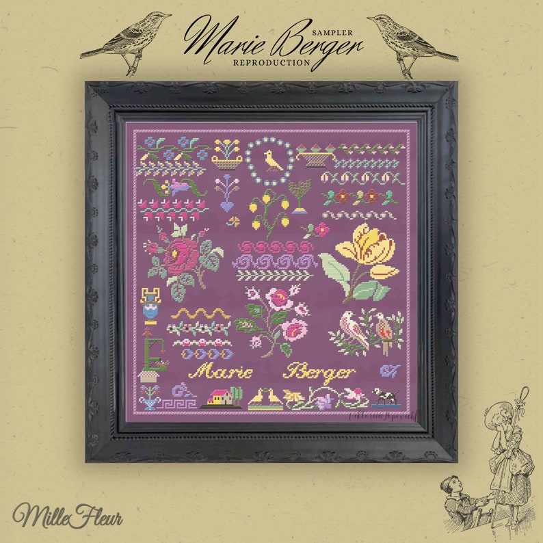 K&ouml;nnte beinhalten: Ein gerahmter Kreuzstich-Sampler mit einem violetten Hintergrund und bunten Blumenmustern. Der Sampler tr&auml;gt den Titel "Marie Berger Sampler Reproduction" und enth&auml;lt den Text "Marie Berger".