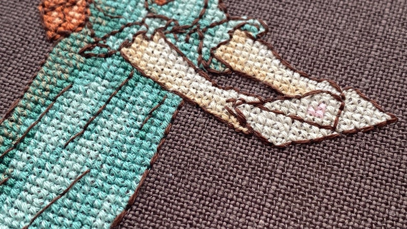 Pode incluir: Close-up de um bordado de ponto cruz de uma pessoa vestindo um vestido turquesa e sapatos brancos. O bordado est&aacute; em um tecido marrom.