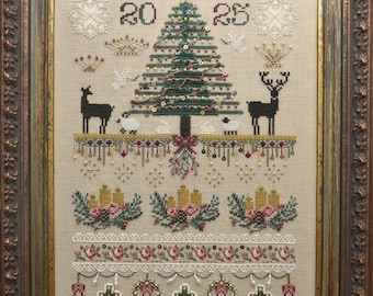 May include: A cross-stitch pattern featuring a Christmas tree with ornaments, candles, and a deer. The numbers "20" and "25" are stitched above the tree.