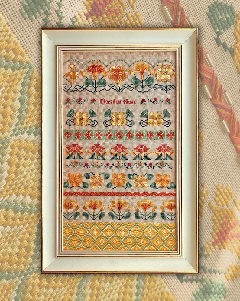Nasturtium Capucine Sampler by MilleFleur (Popovych), PDF pattern, Cross Stitch pattern, e-delivery chart, digital chart, Non-AI gen image 1