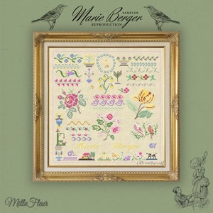 K&ouml;nnte beinhalten: Ein gerahmter Kreuzstich-Sampler mit cremefarbenem Hintergrund und bunten Blumenmustern. Der Sampler enth&auml;lt den Text "Marie Berger" und "Mille Fleur".