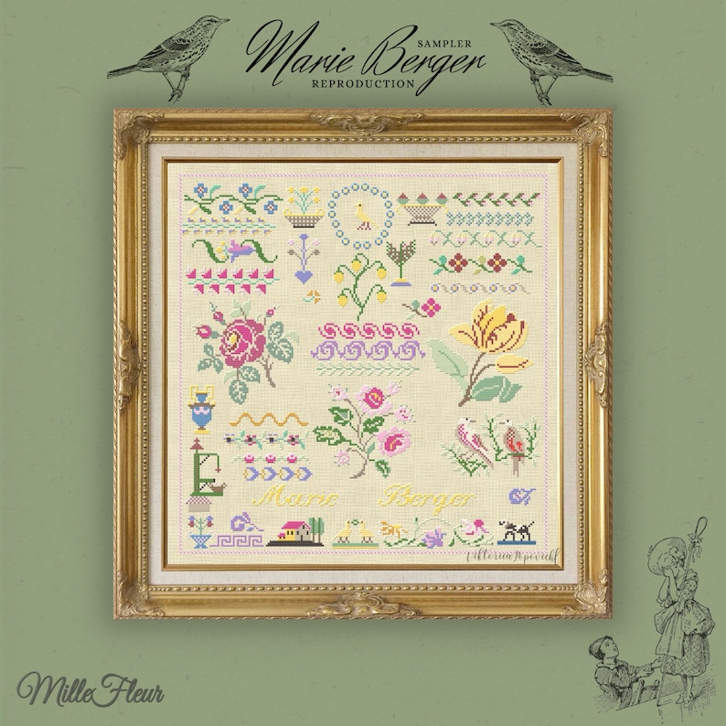 K&ouml;nnte beinhalten: Ein gerahmter Kreuzstich-Sampler mit cremefarbenem Hintergrund und bunten Blumenmustern. Der Sampler enth&auml;lt den Text "Marie Berger" und "Mille Fleur".