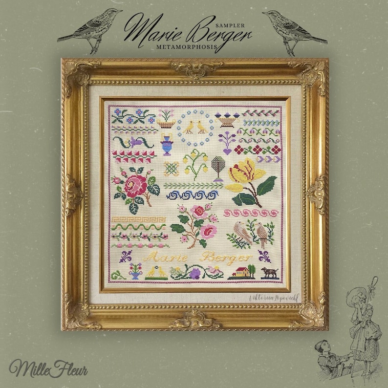 Pode incluir: Um sampler de ponto cruz emoldurado com um desenho floral e o texto "Marie Berger" em fio amarelo. O sampler est&aacute; em uma moldura dourada e tem um fundo branco. O texto "Mille Fleur" est&aacute; escrito em it&aacute;lico na parte inferior da imagem.