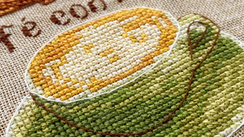 Puede incluir: Primer plano de un dise&ntilde;o de punto de cruz de una taza de caf&eacute; con el texto "Tea or Coffee" arriba.