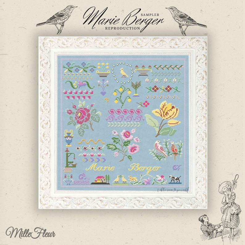 K&ouml;nnte beinhalten: Ein gerahmter Kreuzstich-Sampler mit blauem Hintergrund und bunten Blumenmustern. Der Sampler enth&auml;lt den Text "Marie Berger" und "Mille Fleur".