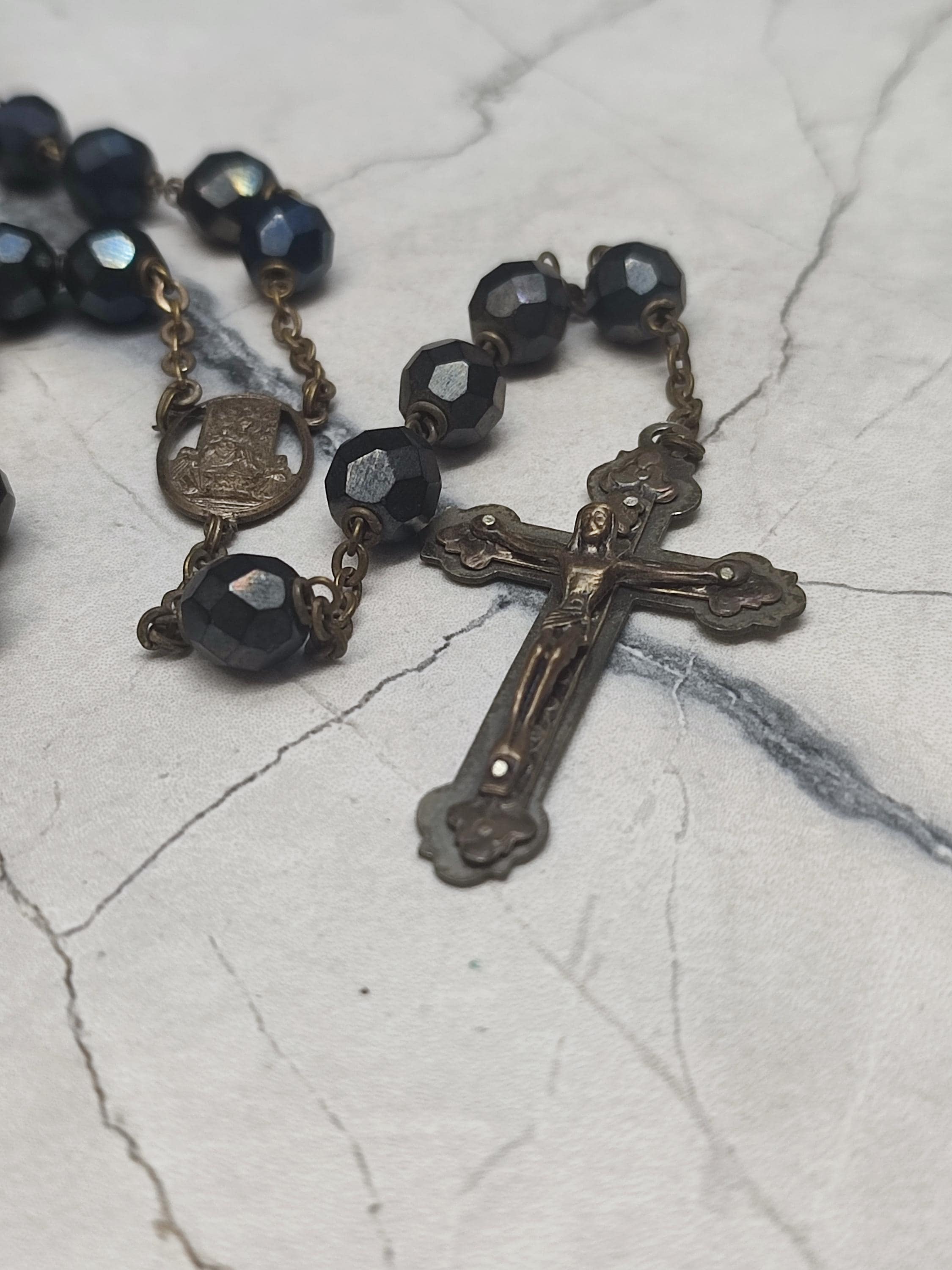 Old Large Religious Rosary - Black Aurora Borealis Faceted Glass
