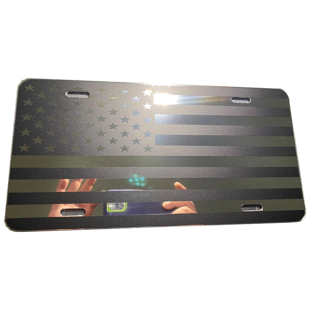 Tactical US American Flag Matte Blk Mirrored Aluminum License Plate S14