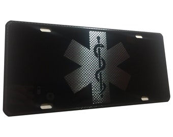EMT MFR Medic EMS Star of Life Heavy Duty Aluminum License Plate G Metal Blk S1