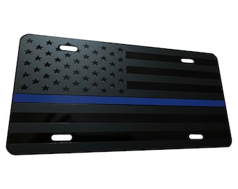 Thin Blue Line Tactical US American Flag Matte Blk Heavy Duty Aluminum License Plate