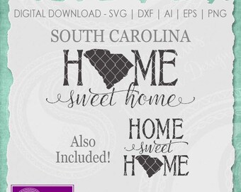 May include: A digital download of a design featuring the outline of South Carolina with the word "HOME" in large letters and the phrase "sweet home" in cursive script. The design also includes a second version with the state outline inside the word "HOME". The text "SHSH_SC" and the copyright symbol with the year 2015 are also included in the design.