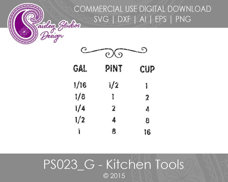 May include: A black and white chart with the text "GAL", "PINT", and "CUP" at the top. The chart shows the conversion between gallons, pints, and cups. The text "PS023_G - Kitchen Tools" and "&copy;2015" are at the bottom of the chart.