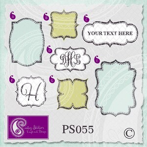 May include: A set of seven decorative frames with a paisley pattern background. The frames are in various shapes and sizes, with some featuring a monogram or the text "YOUR TEXT HERE".
