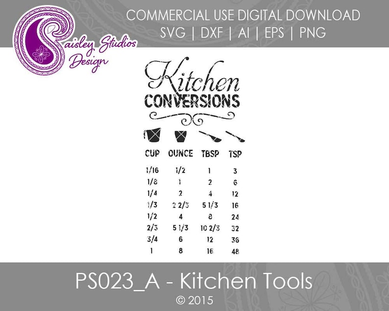 Op de afbeelding: Een digitale downloadgrafiek met de tekst "Kitchen Conversions" en een conversietabel voor kopjes, ounces, eetlepels en theelepels. Het ontwerp bevat een paisley-logo en de tekst "PS023_A - Kitchen Tools".