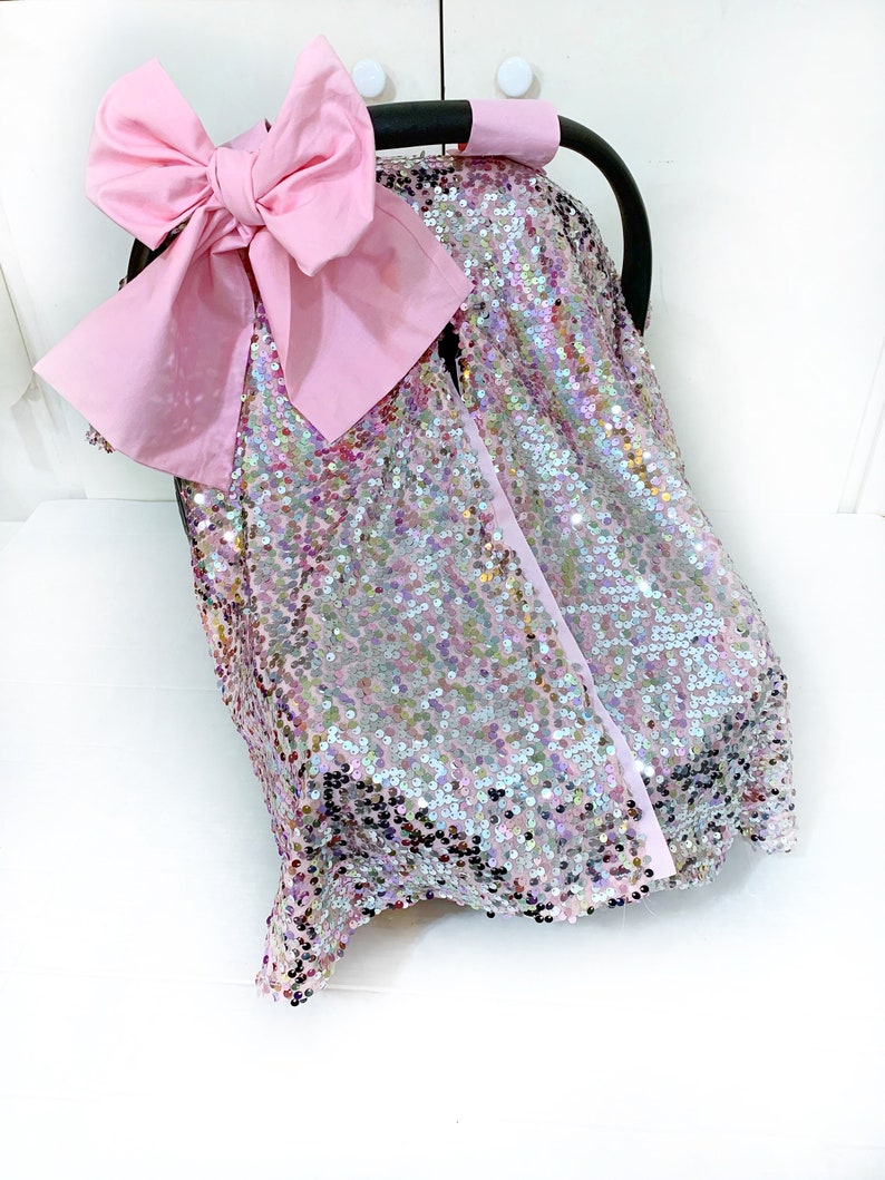 Lux Bubblegum Sequin Car Seat Canopy Light Pink Bow With