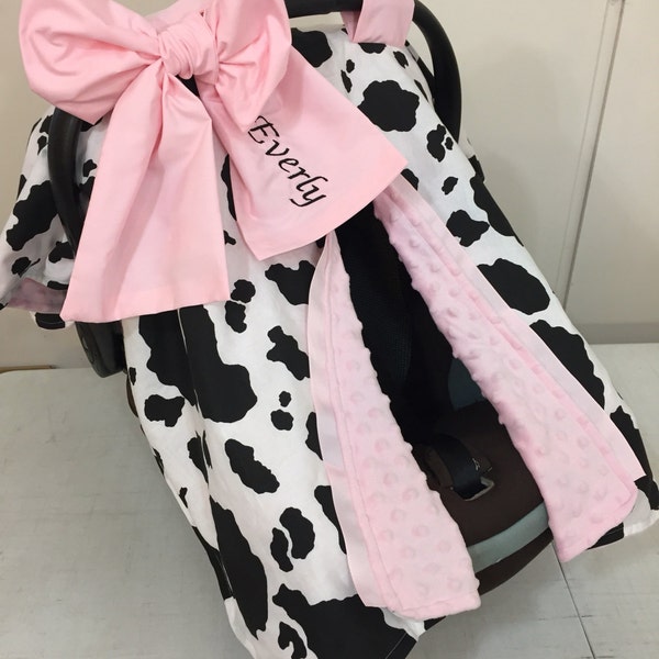 Cow Print & light pink Minky Car Seat Canopy