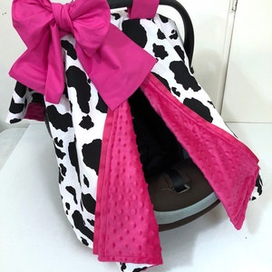 Cow Print with Hot Pink Minky Car Seat Canopy